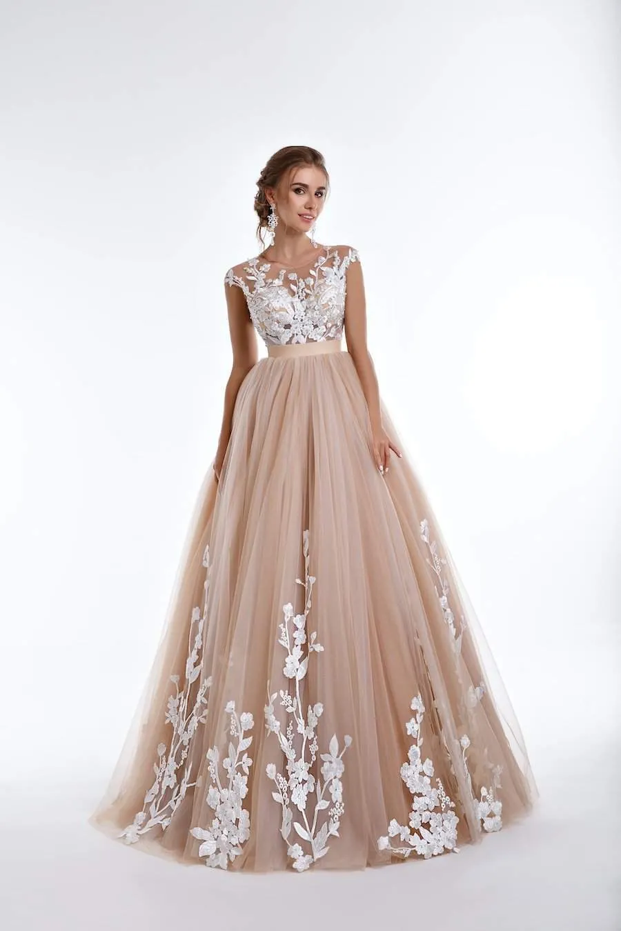 Beige A-Line Wedding Dress with Flowers