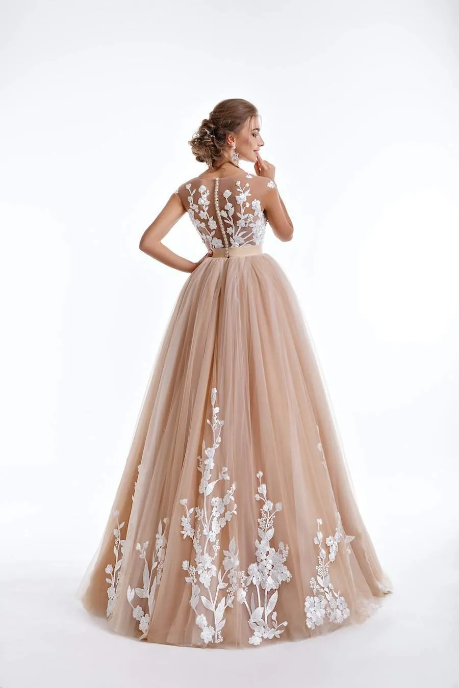 Beige A-Line Wedding Dress with Flowers