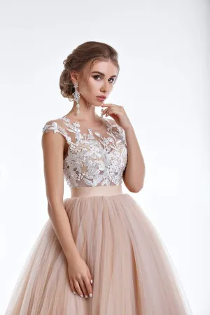 Beige A-Line Wedding Dress with Flowers