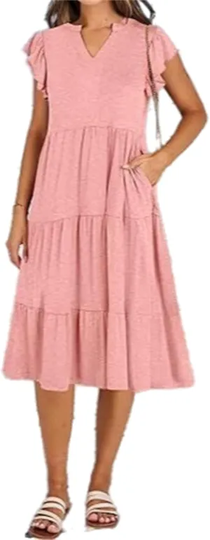 Casual Summer Dress for Women Ruffle Tiered Pleated A Line Flowy Mini Dress A-Line Short Vacation Dress