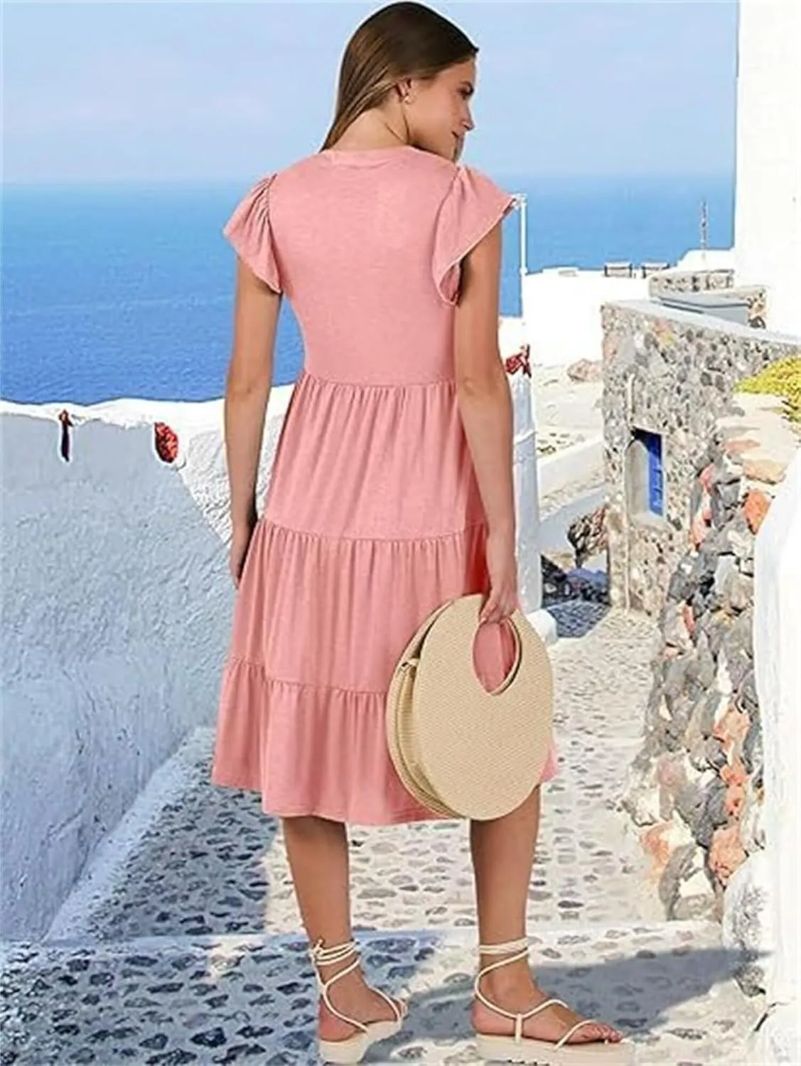 Casual Summer Dress for Women Ruffle Tiered Pleated A Line Flowy Mini Dress A-Line Short Vacation Dress