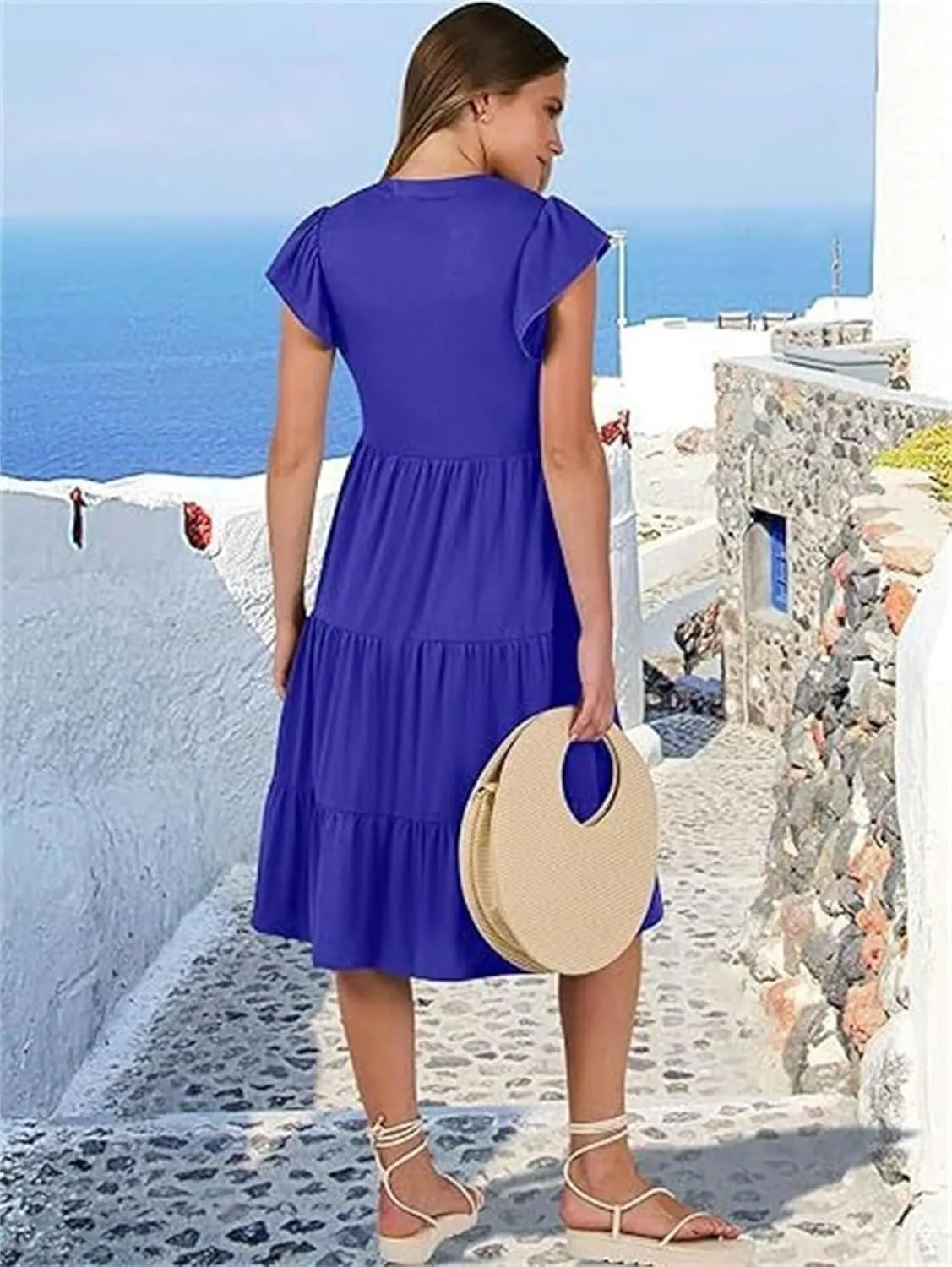 Casual Summer Dress for Women Ruffle Tiered Pleated A Line Flowy Mini Dress A-Line Short Vacation Dress