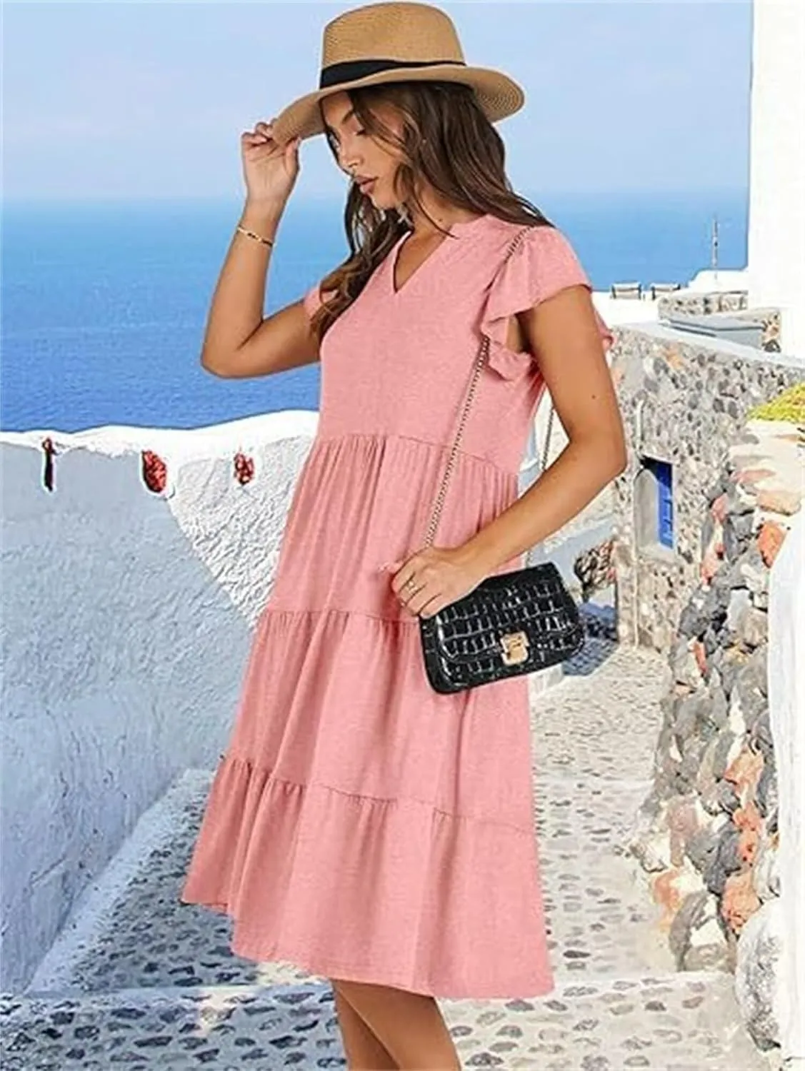 Casual Summer Dress for Women Ruffle Tiered Pleated A Line Flowy Mini Dress A-Line Short Vacation Dress