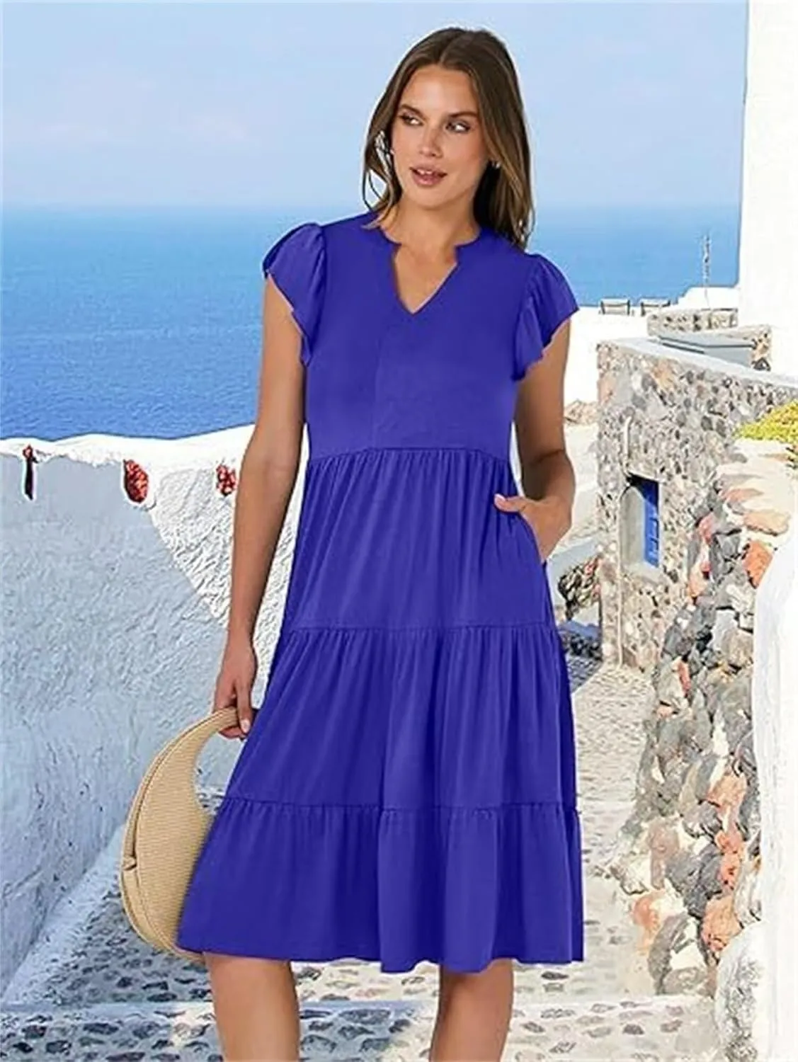 Casual Summer Dress for Women Ruffle Tiered Pleated A Line Flowy Mini Dress A-Line Short Vacation Dress