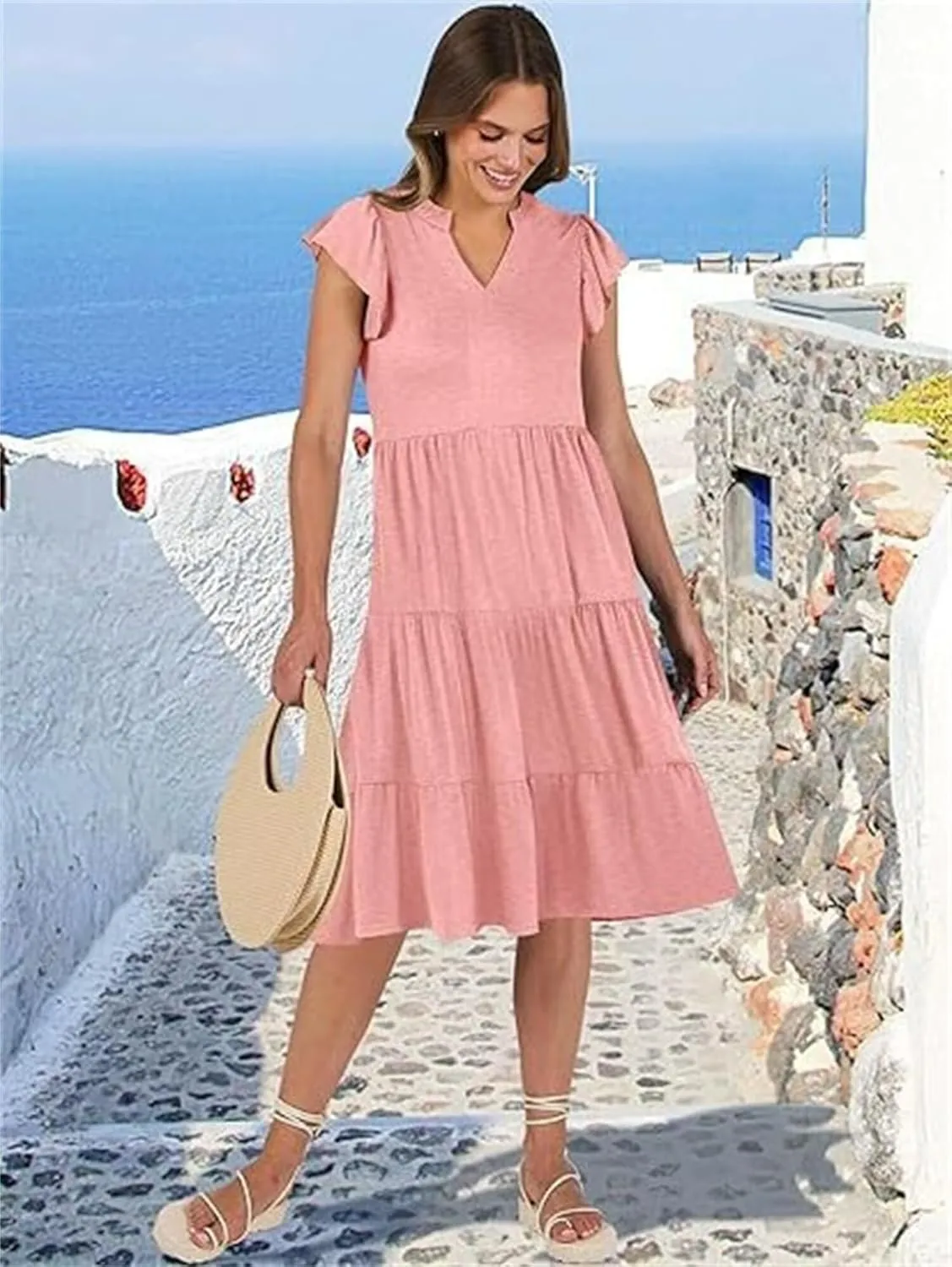 Casual Summer Dress for Women Ruffle Tiered Pleated A Line Flowy Mini Dress A-Line Short Vacation Dress