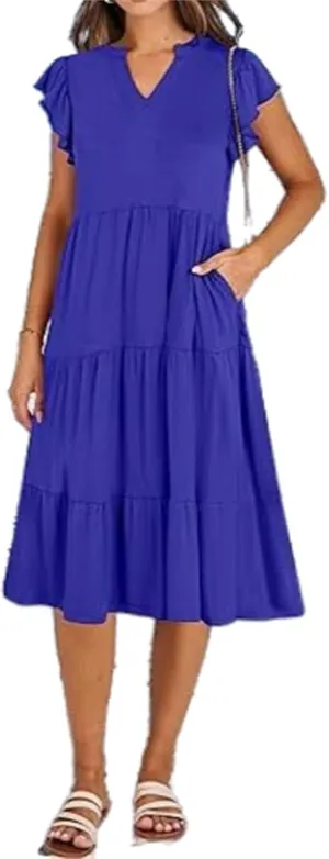 Casual Summer Dress for Women Ruffle Tiered Pleated A Line Flowy Mini Dress A-Line Short Vacation Dress