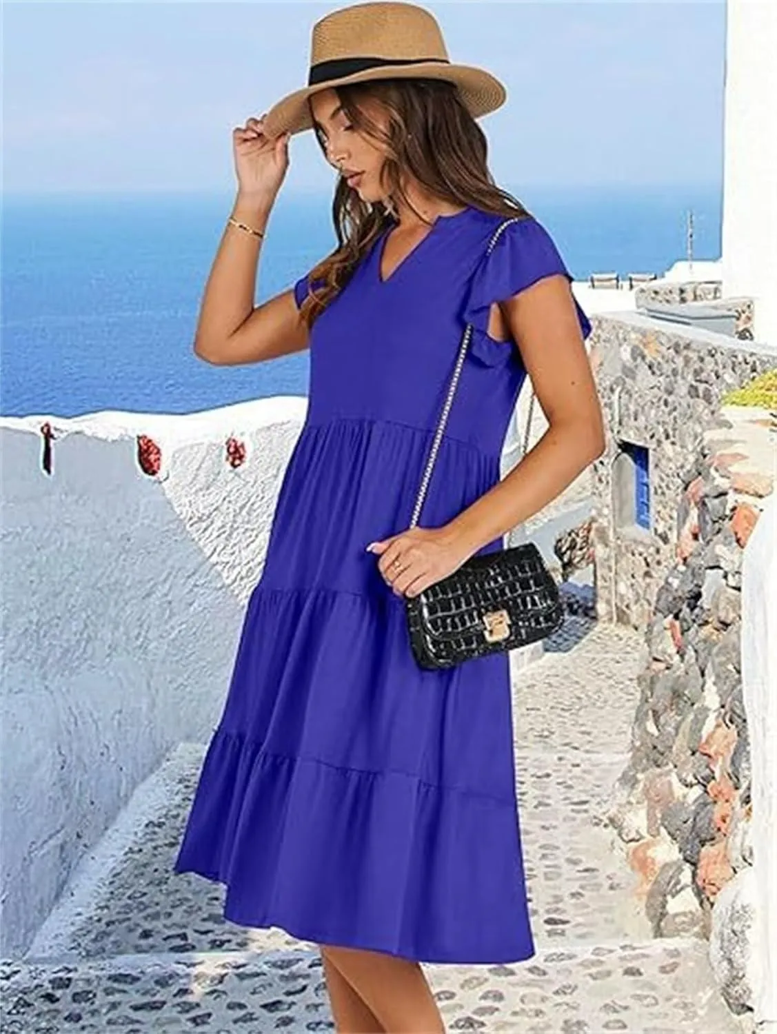 Casual Summer Dress for Women Ruffle Tiered Pleated A Line Flowy Mini Dress A-Line Short Vacation Dress