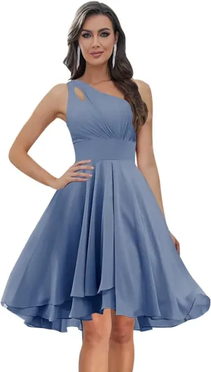 Chiffon One Shoulder Bridesmaid Dresses Short with Pleats A-line Formal Party Dresses for Women