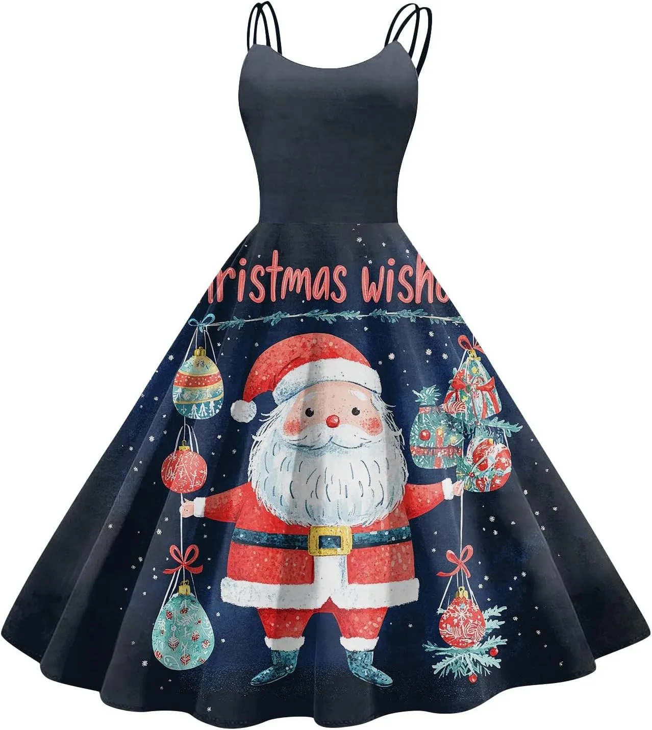 Christmas Dresses for Women 2024 Vintage Sleeveless Spaghetti Strap Dresses 1950s A-line Cocktail Midi Dress