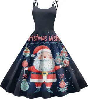 Christmas Dresses for Women 2024 Vintage Sleeveless Spaghetti Strap Dresses 1950s A-line Cocktail Midi Dress