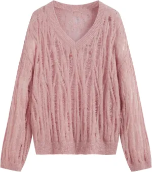 CIDER Womens Sweater Hollow Out V Neck Long Sleeve Knit Cute Casual Lightweight Pullover Sweater Tops