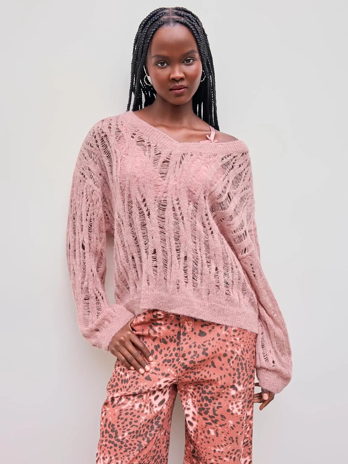 CIDER Womens Sweater Hollow Out V Neck Long Sleeve Knit Cute Casual Lightweight Pullover Sweater Tops