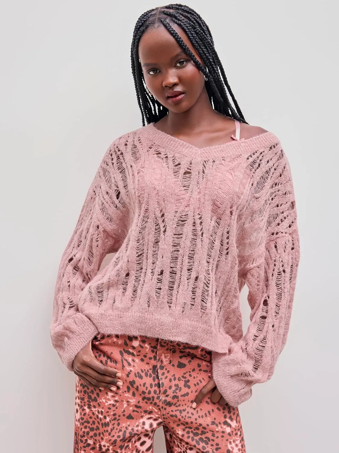 CIDER Womens Sweater Hollow Out V Neck Long Sleeve Knit Cute Casual Lightweight Pullover Sweater Tops