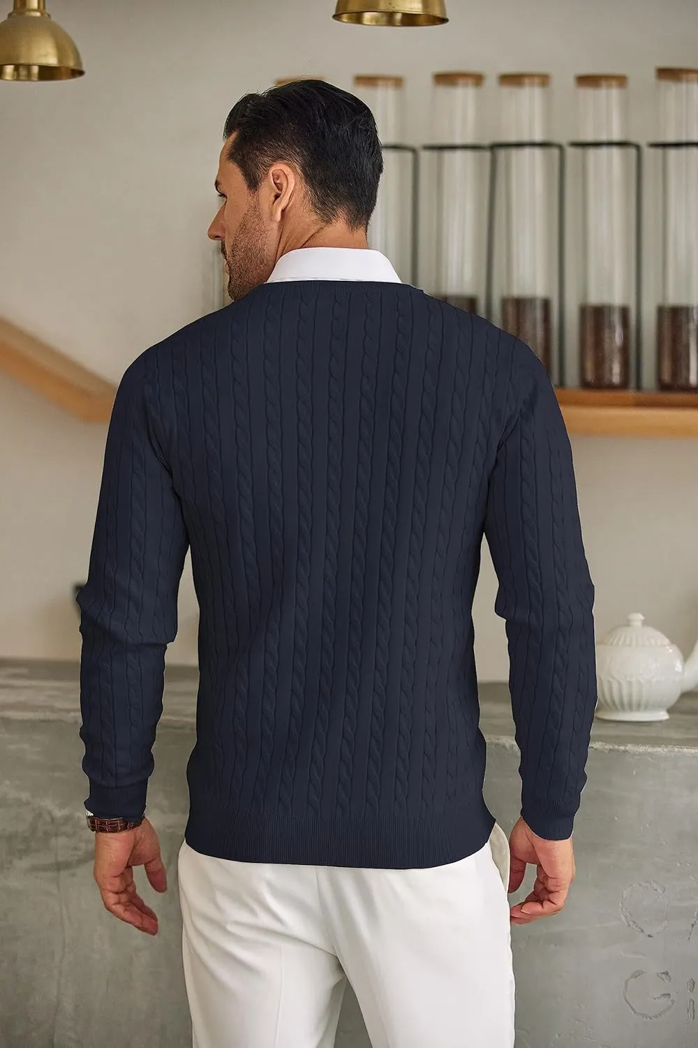 COOFANDY Men's Crewneck Knit Sweater Slim Fit Lightweight Casual Twist Patterned Cable Knitted Pullover