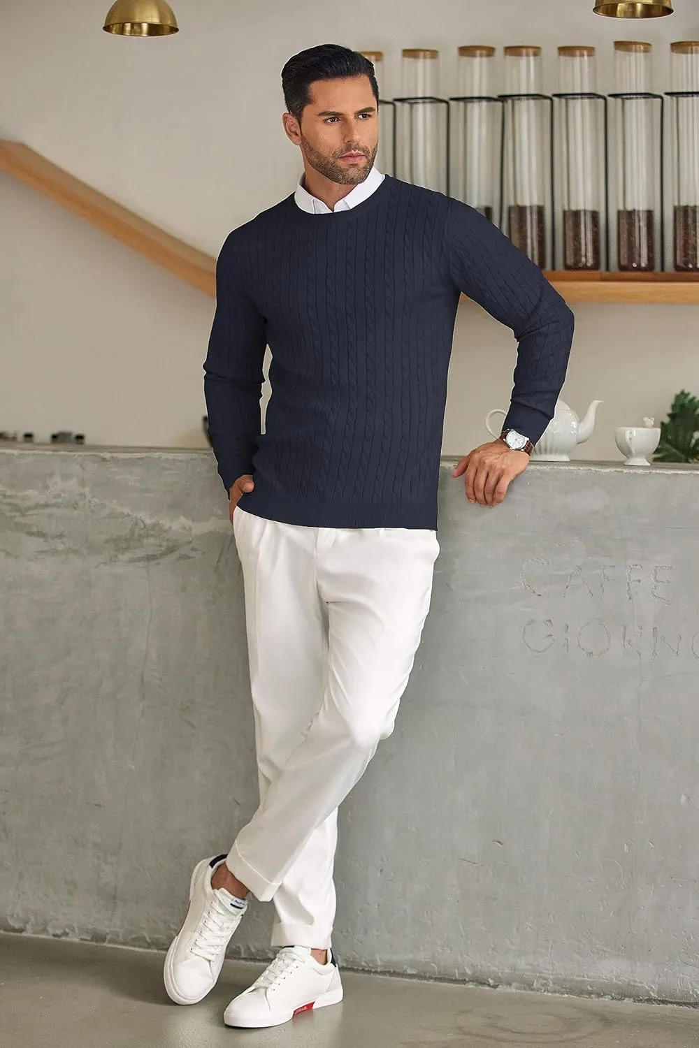 COOFANDY Men's Crewneck Knit Sweater Slim Fit Lightweight Casual Twist Patterned Cable Knitted Pullover