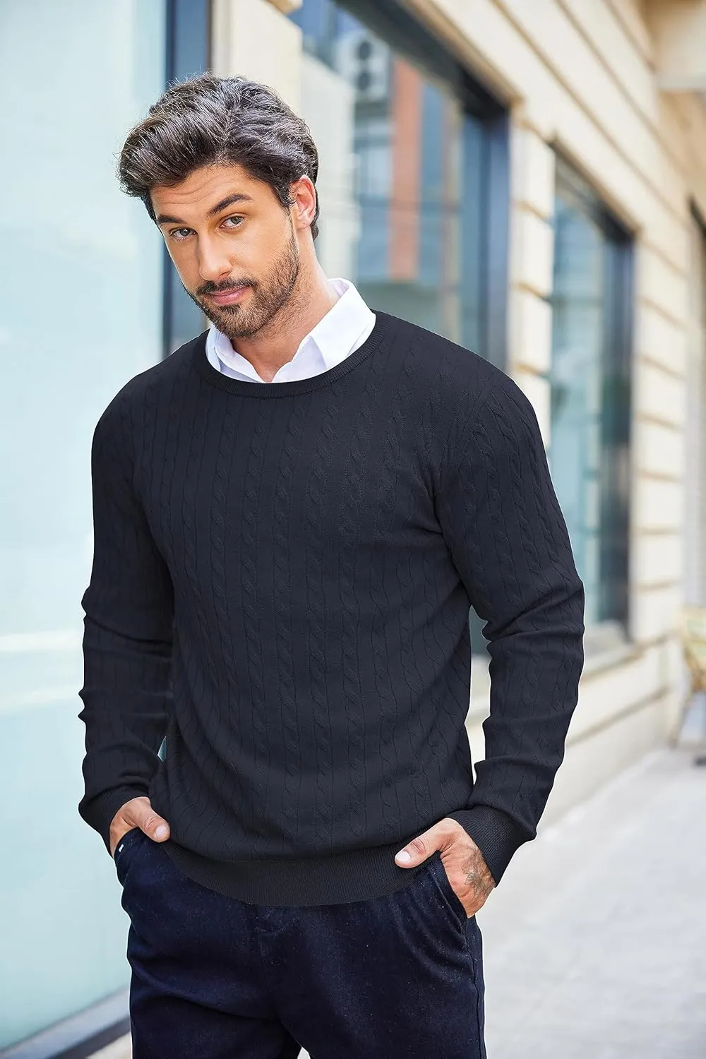 COOFANDY Men's Crewneck Knit Sweater Slim Fit Lightweight Casual Twist Patterned Cable Knitted Pullover