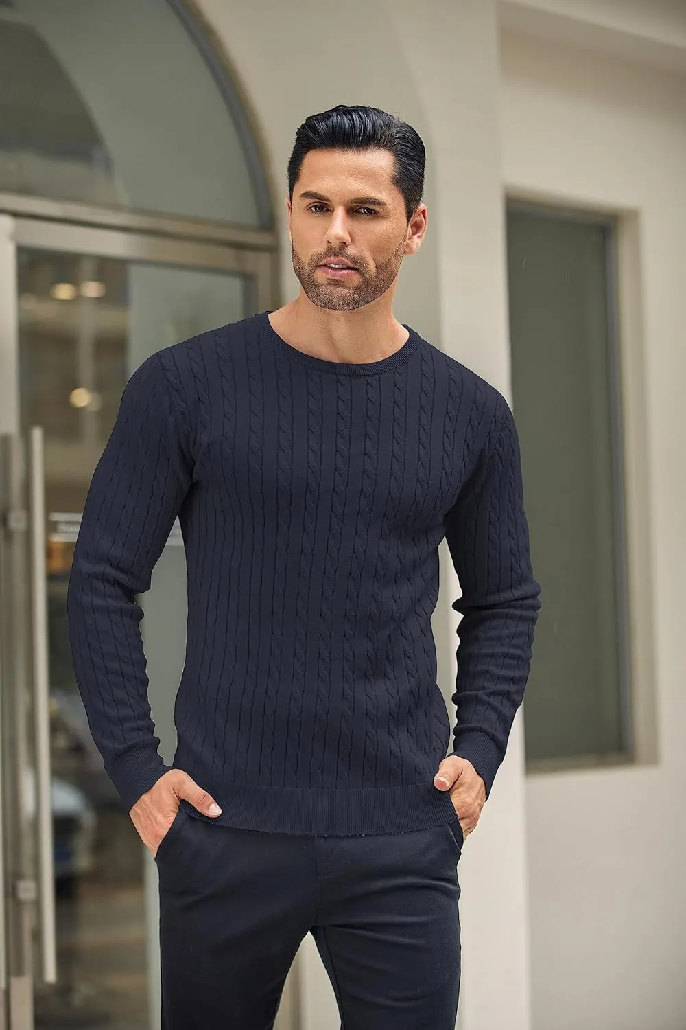COOFANDY Men's Crewneck Knit Sweater Slim Fit Lightweight Casual Twist Patterned Cable Knitted Pullover