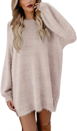 Cutiefox Women's Furry Oversized Crew Neck Pullover Sweater Mini Dress
