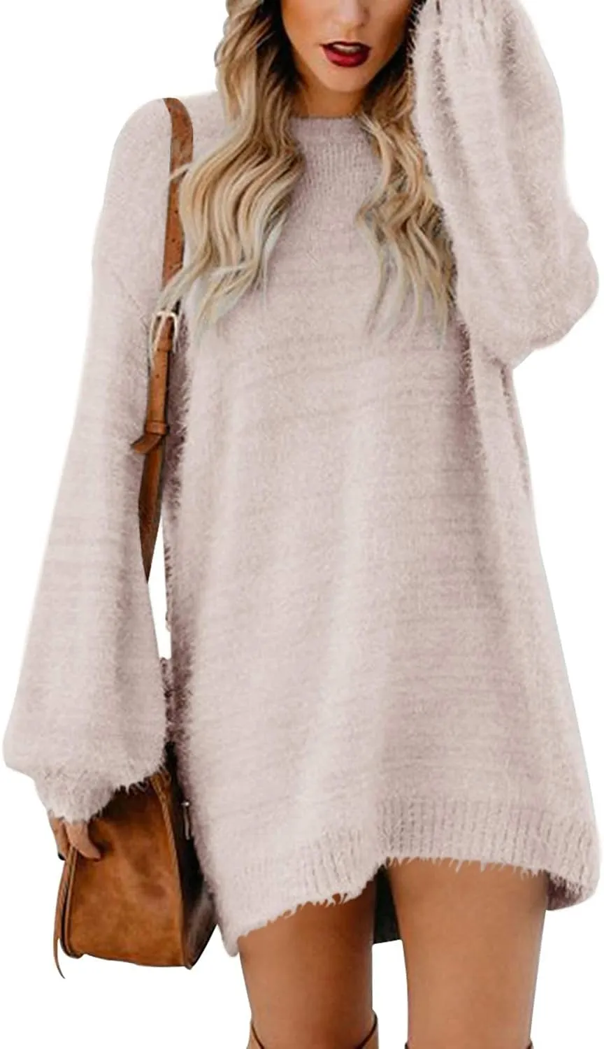 Cutiefox Women's Furry Oversized Crew Neck Pullover Sweater Mini Dress