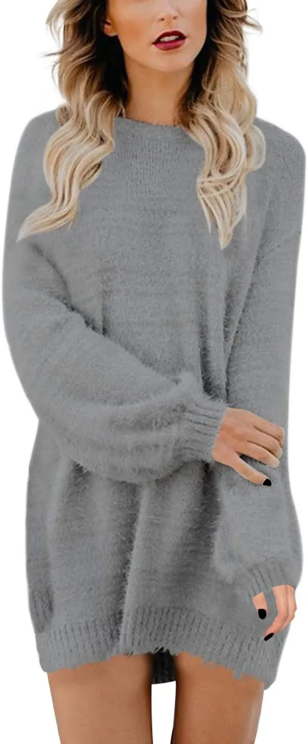 Cutiefox Women's Furry Oversized Crew Neck Pullover Sweater Mini Dress