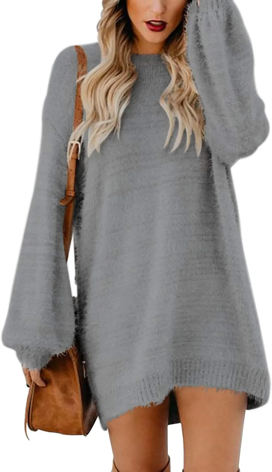 Cutiefox Women's Furry Oversized Crew Neck Pullover Sweater Mini Dress