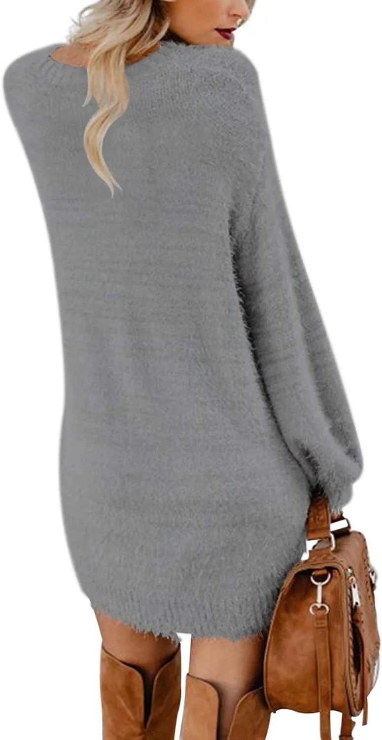 Cutiefox Women's Furry Oversized Crew Neck Pullover Sweater Mini Dress