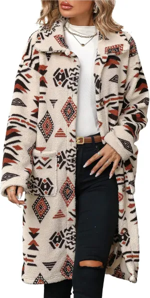 ebossy Women's Cozy Fleece Fluffy National Ethnic Floral Print Aztec Coat Single Breasted Warm Mid Long Trench Coat