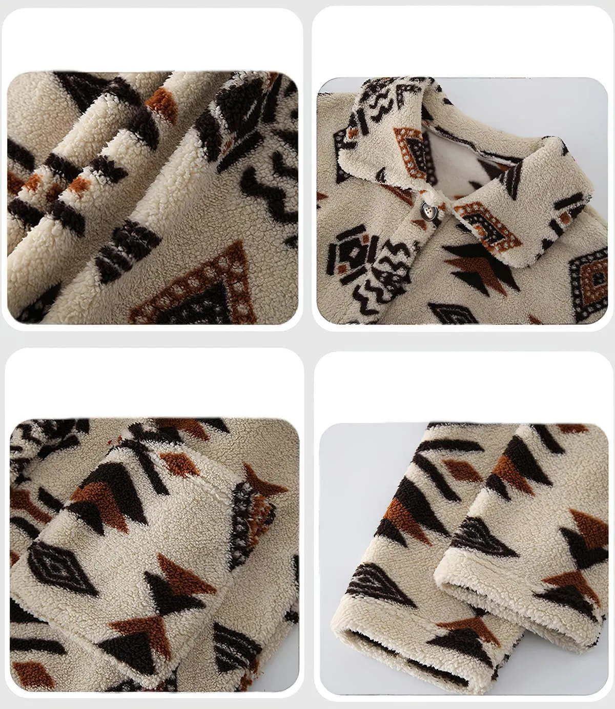 ebossy Women's Cozy Fleece Fluffy National Ethnic Floral Print Aztec Coat Single Breasted Warm Mid Long Trench Coat