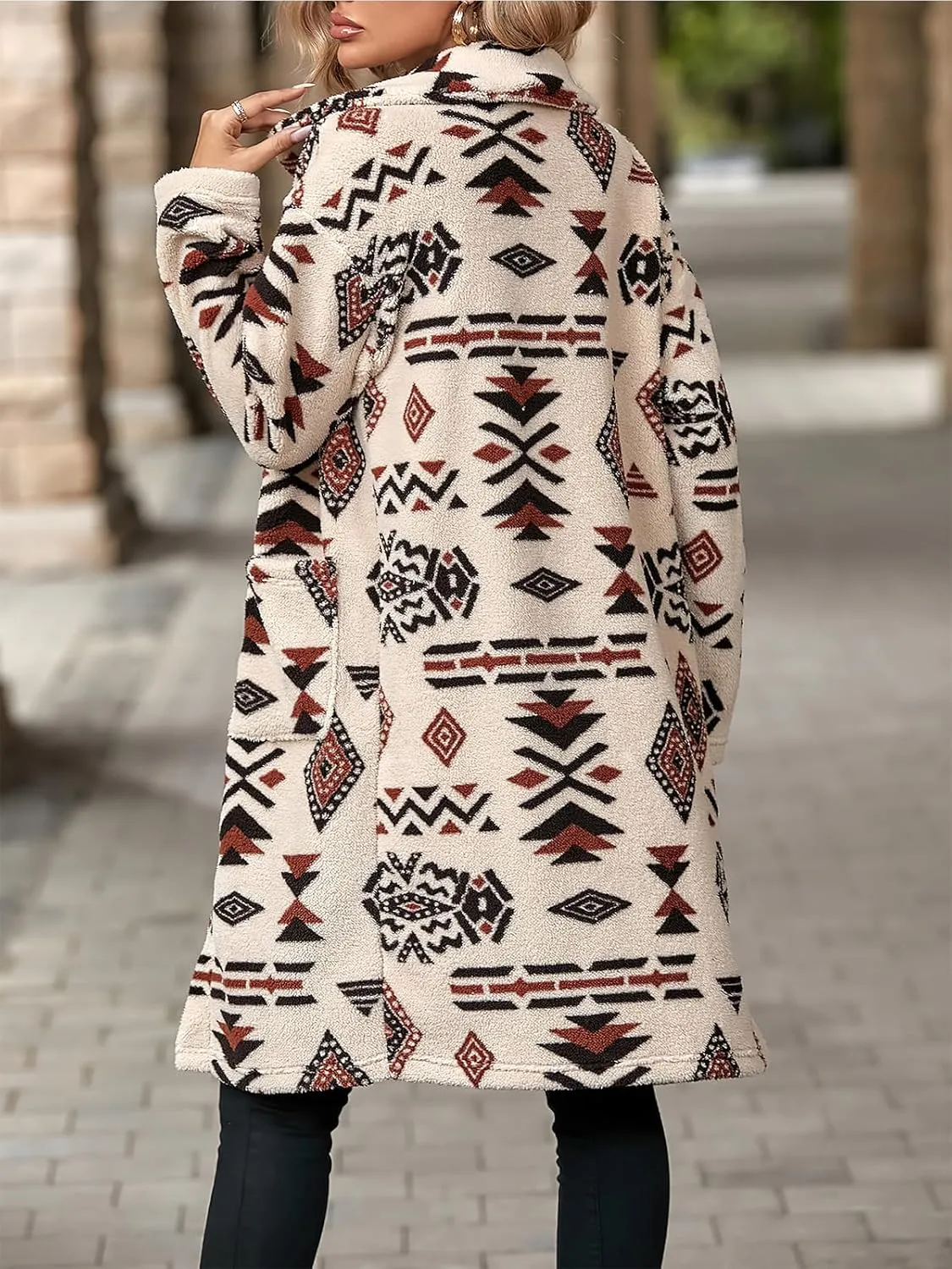 ebossy Women's Cozy Fleece Fluffy National Ethnic Floral Print Aztec Coat Single Breasted Warm Mid Long Trench Coat