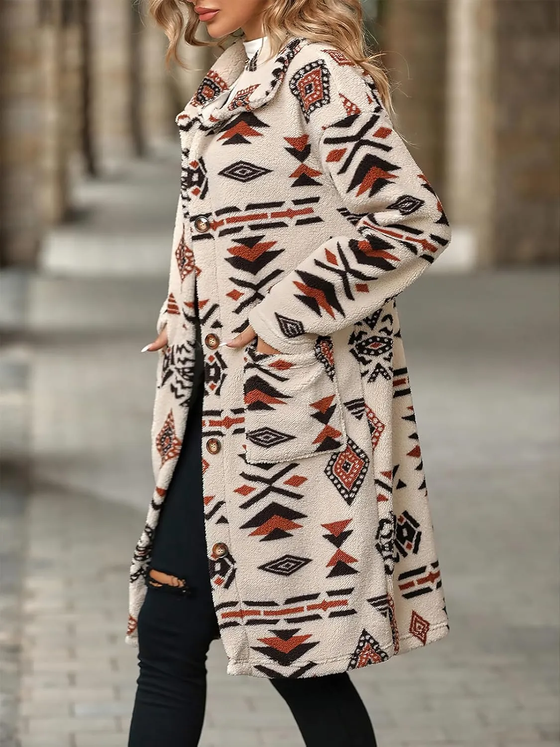 ebossy Women's Cozy Fleece Fluffy National Ethnic Floral Print Aztec Coat Single Breasted Warm Mid Long Trench Coat