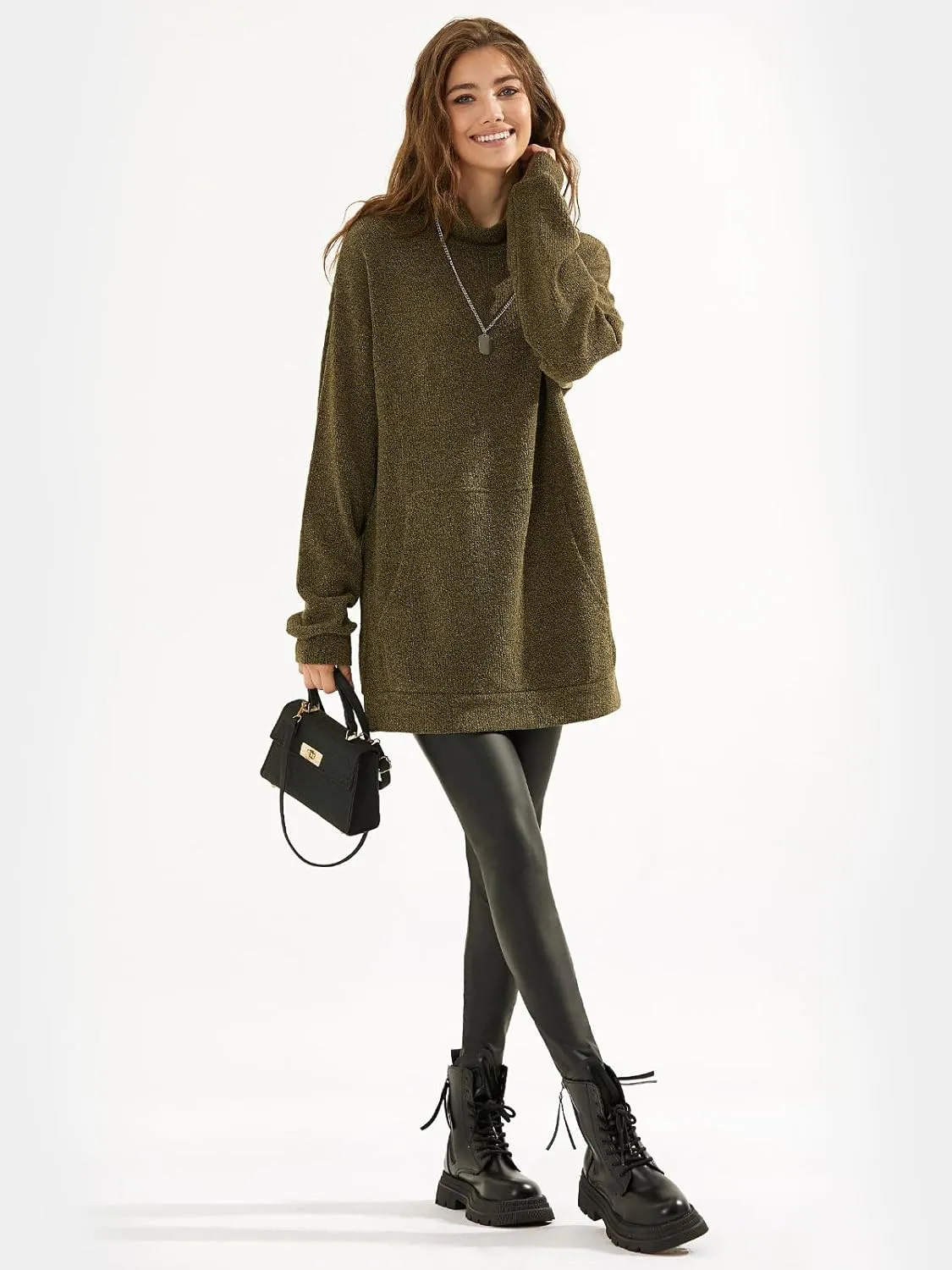 EXLURA Womens Casual Oversized Long Sleeve Sweater Dress with Pocket Loose Fit Knit Fall Winter Long Pullover Sweater Tunic