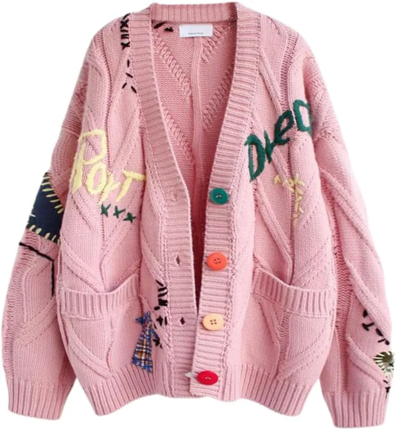 FindThy Women's Embroidered Heart Cardigan Sweater Button-Down Knitted Graphic Cardigan Coat Y2K Sweater with Pockets
