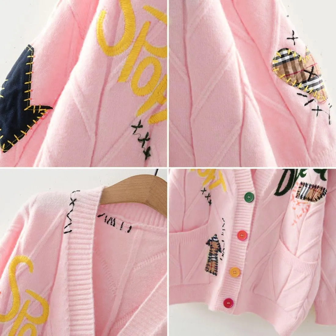 FindThy Women's Embroidered Heart Cardigan Sweater Button-Down Knitted Graphic Cardigan Coat Y2K Sweater with Pockets