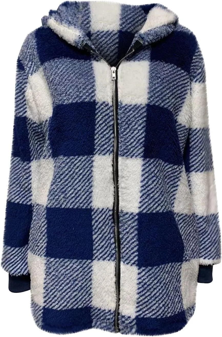 Fleece Jacket Women Sherpa Lined Plaid Flannel Hooded Jacket Oversized Zip Up Jacket with Pockets Fall Warm Coat