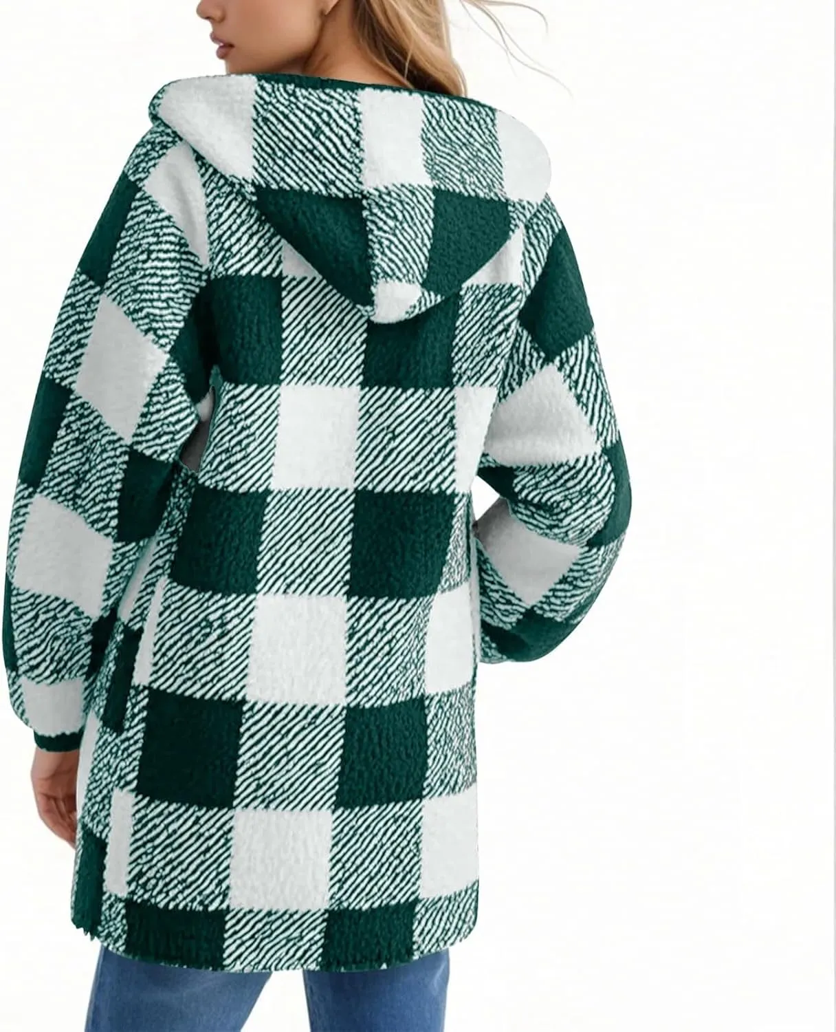 Fleece Jacket Women Sherpa Lined Plaid Flannel Hooded Jacket Oversized Zip Up Jacket with Pockets Fall Warm Coat