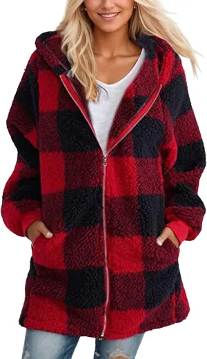 Fleece Jacket Women Sherpa Lined Plaid Flannel Hooded Jacket Oversized Zip Up Jacket with Pockets Fall Warm Coat