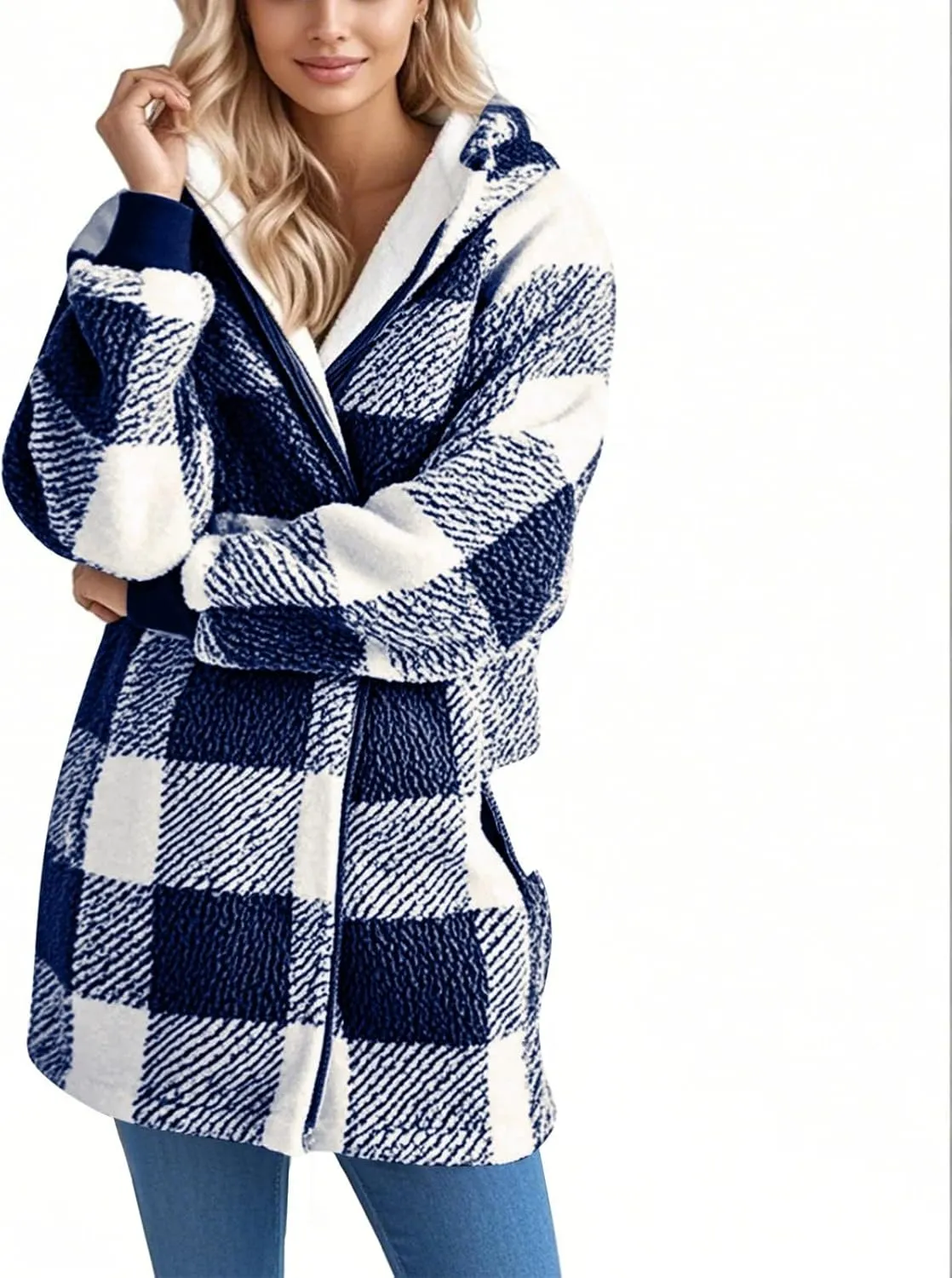 Fleece Jacket Women Sherpa Lined Plaid Flannel Hooded Jacket Oversized Zip Up Jacket with Pockets Fall Warm Coat