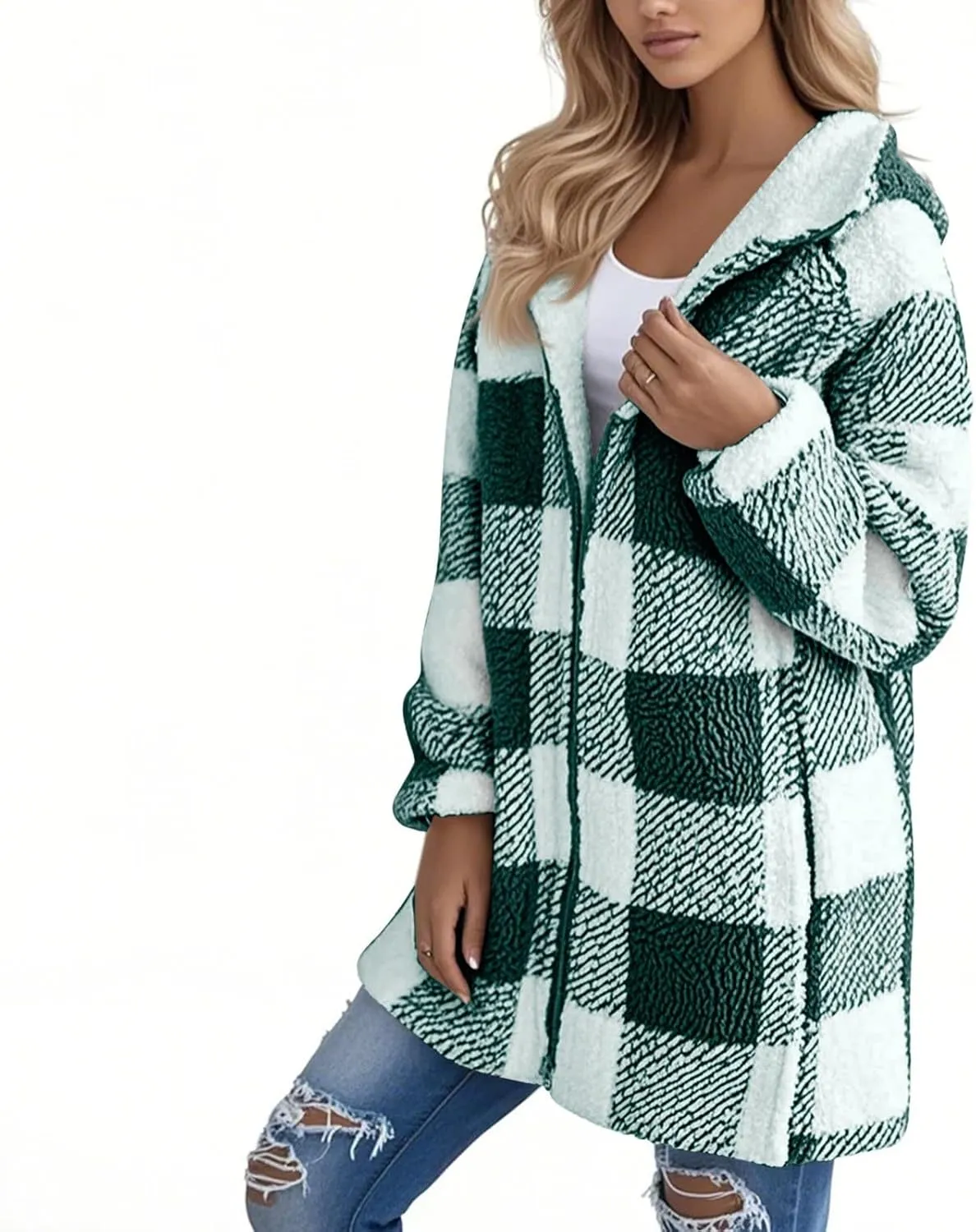 Fleece Jacket Women Sherpa Lined Plaid Flannel Hooded Jacket Oversized Zip Up Jacket with Pockets Fall Warm Coat