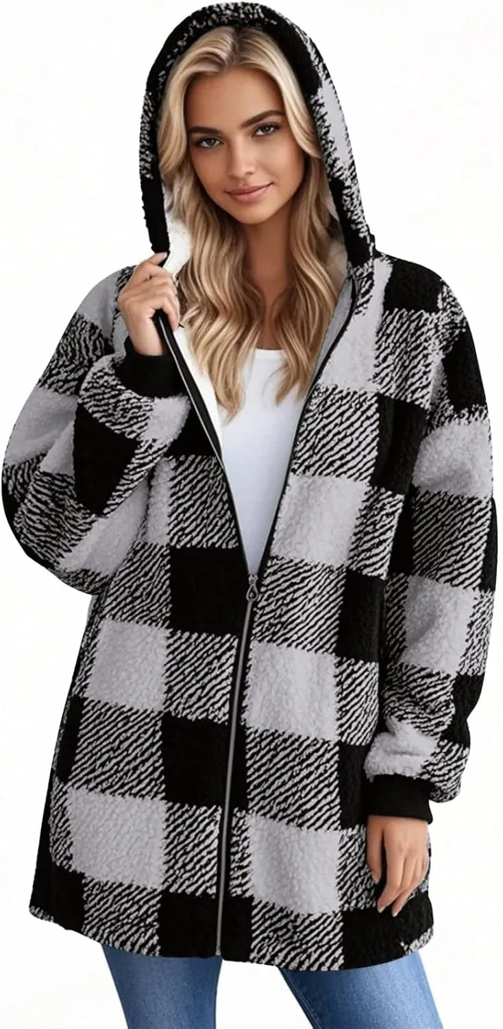 Fleece Jacket Women Sherpa Lined Plaid Flannel Hooded Jacket Oversized Zip Up Jacket with Pockets Fall Warm Coat