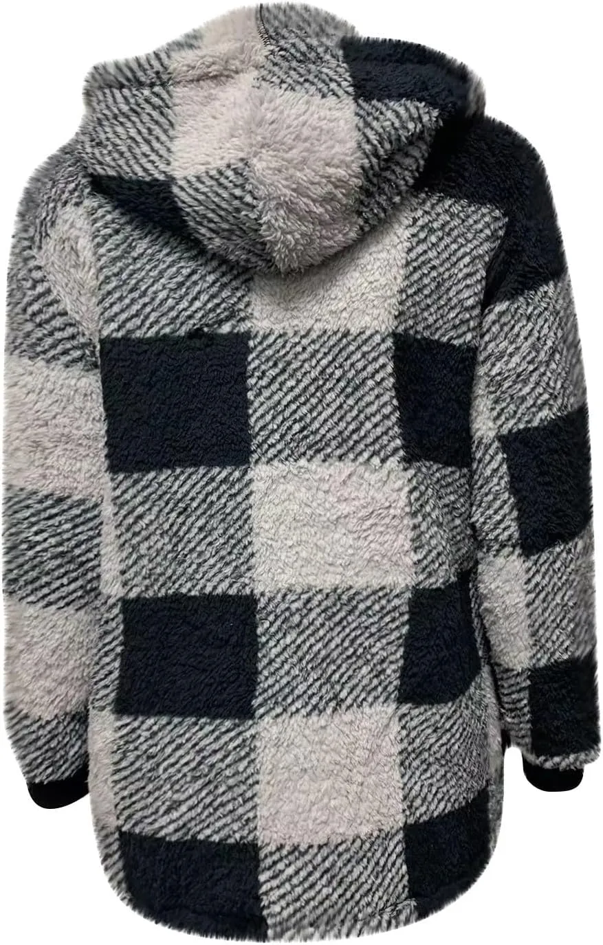 Fleece Jacket Women Sherpa Lined Plaid Flannel Hooded Jacket Oversized Zip Up Jacket with Pockets Fall Warm Coat