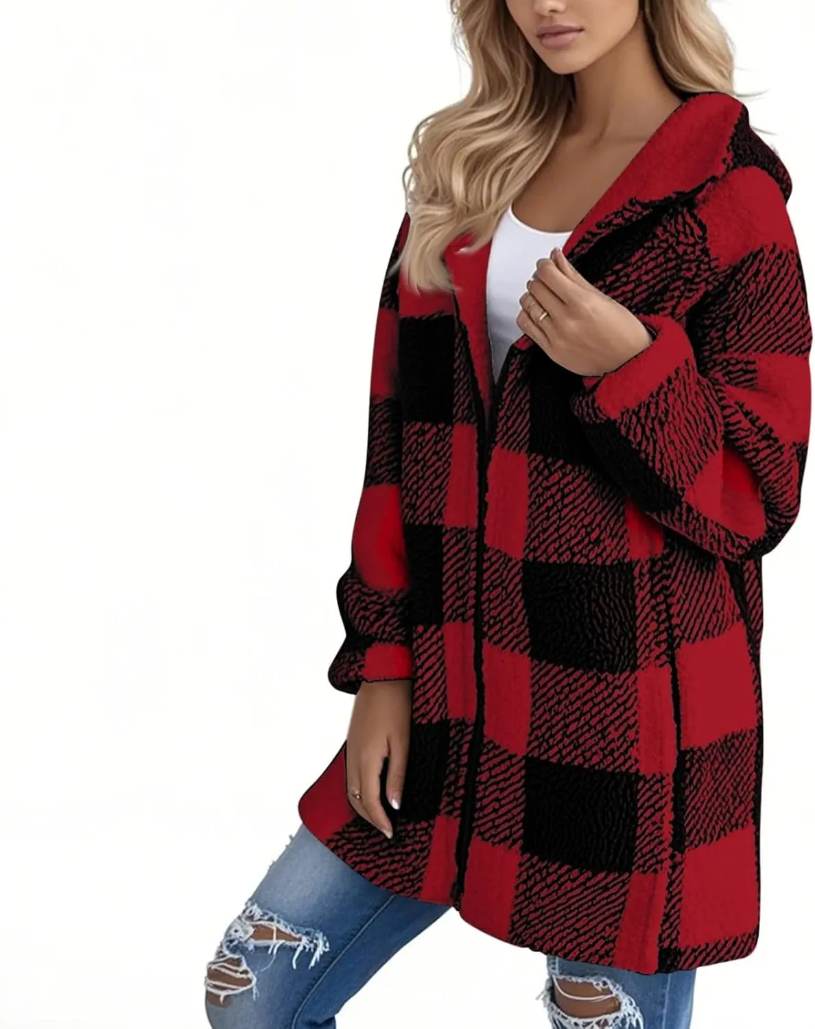 Fleece Jacket Women Sherpa Lined Plaid Flannel Hooded Jacket Oversized Zip Up Jacket with Pockets Fall Warm Coat