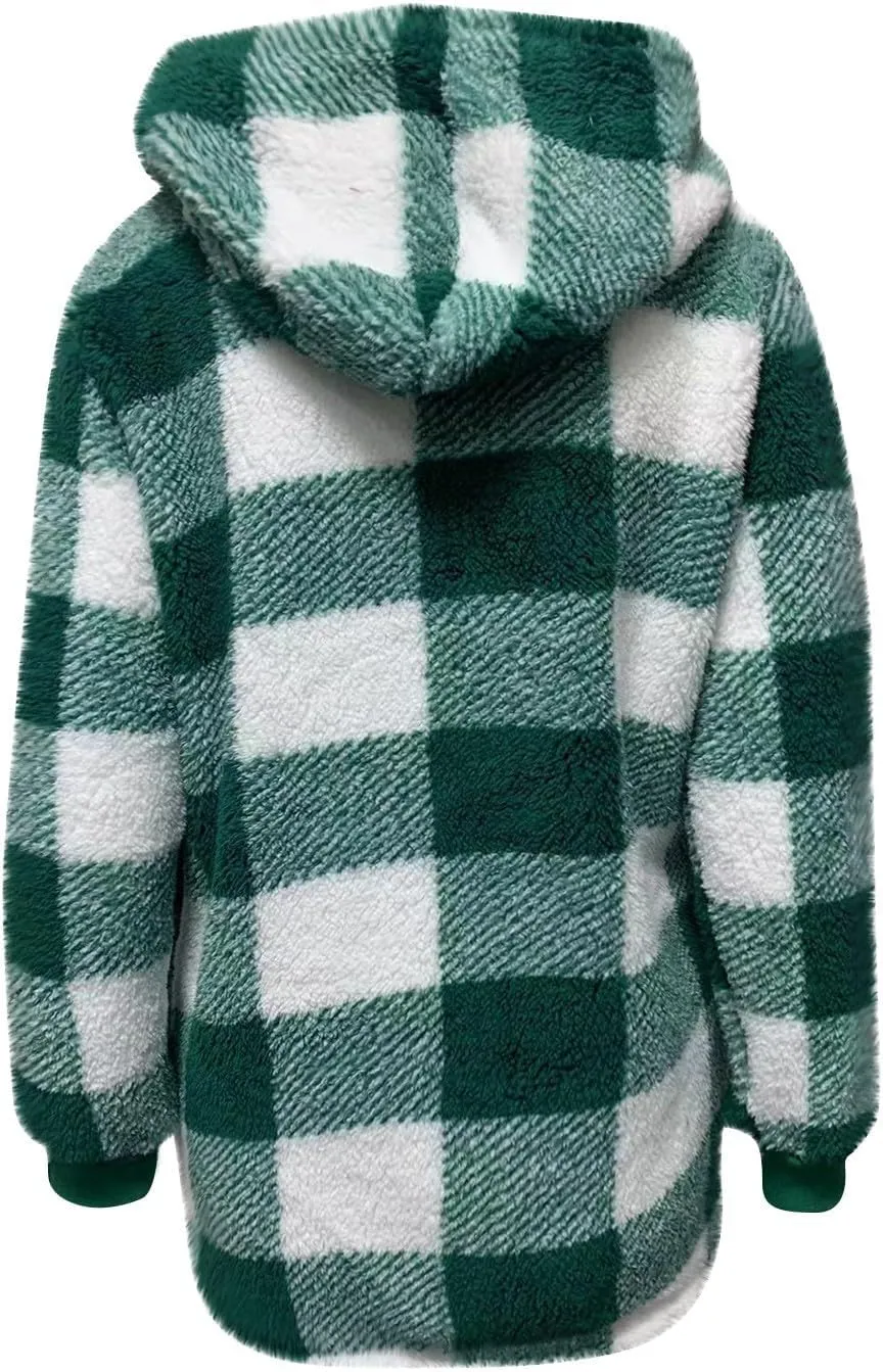 Fleece Jacket Women Sherpa Lined Plaid Flannel Hooded Jacket Oversized Zip Up Jacket with Pockets Fall Warm Coat
