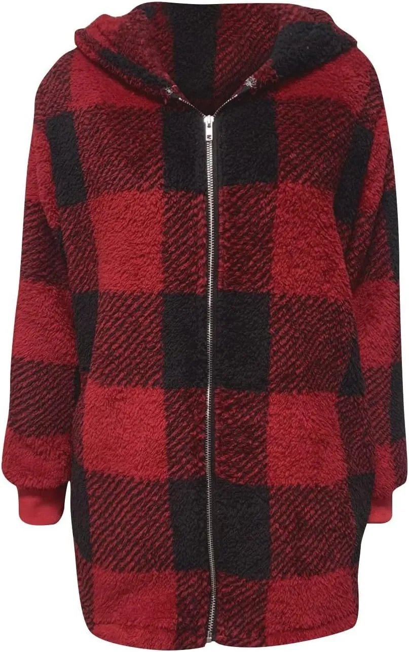 Fleece Jacket Women Sherpa Lined Plaid Flannel Hooded Jacket Oversized Zip Up Jacket with Pockets Fall Warm Coat