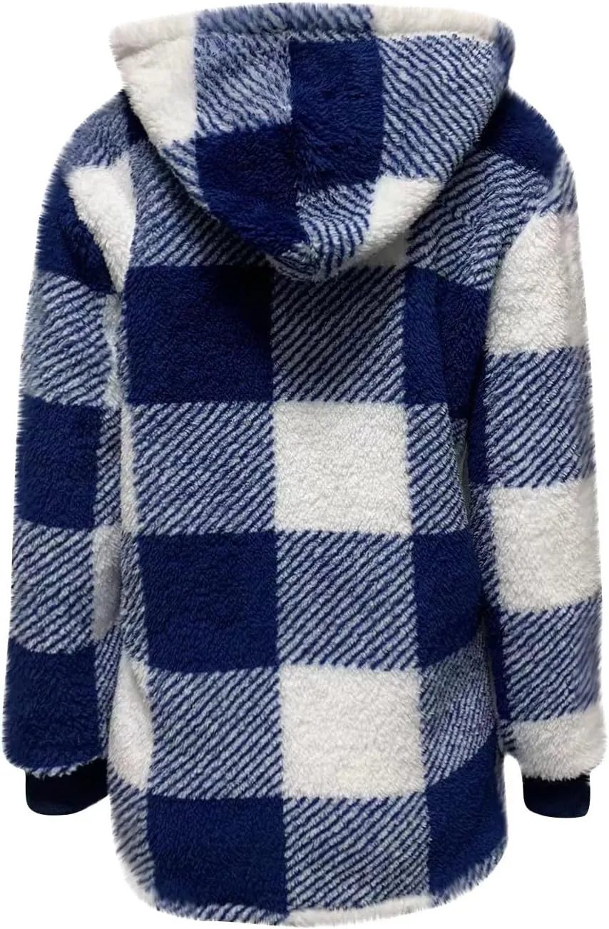 Fleece Jacket Women Sherpa Lined Plaid Flannel Hooded Jacket Oversized Zip Up Jacket with Pockets Fall Warm Coat