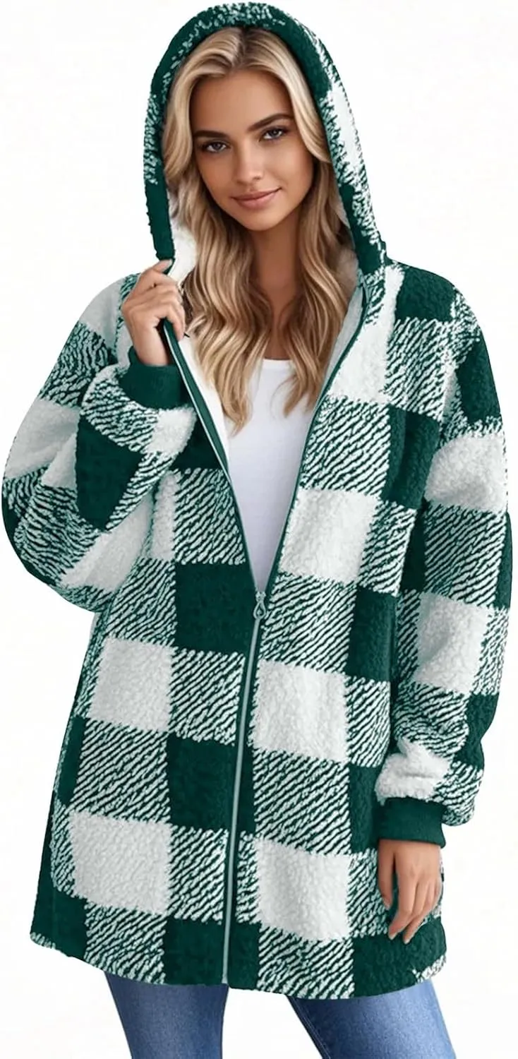 Fleece Jacket Women Sherpa Lined Plaid Flannel Hooded Jacket Oversized Zip Up Jacket with Pockets Fall Warm Coat