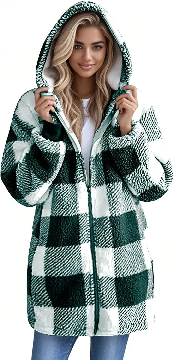 Fleece Jacket Women Sherpa Lined Plaid Flannel Hooded Jacket Oversized Zip Up Jacket with Pockets Fall Warm Coat