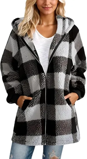 Fleece Jacket Women Sherpa Lined Plaid Flannel Hooded Jacket Oversized Zip Up Jacket with Pockets Fall Warm Coat