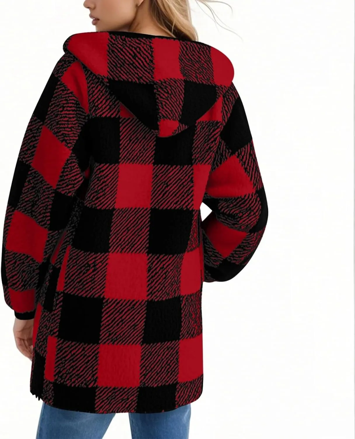 Fleece Jacket Women Sherpa Lined Plaid Flannel Hooded Jacket Oversized Zip Up Jacket with Pockets Fall Warm Coat
