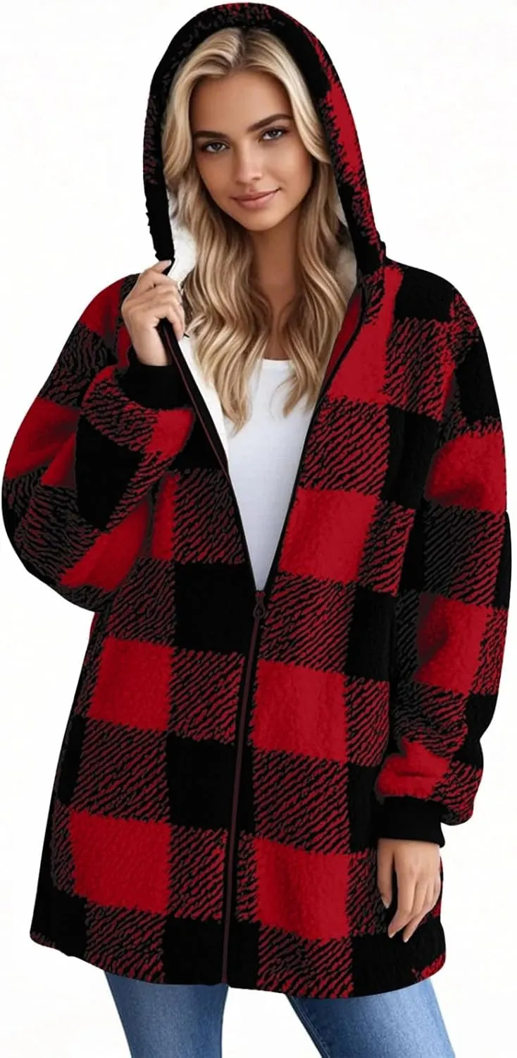 Fleece Jacket Women Sherpa Lined Plaid Flannel Hooded Jacket Oversized Zip Up Jacket with Pockets Fall Warm Coat