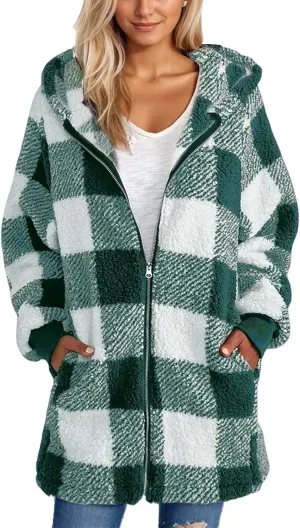 Fleece Jacket Women Sherpa Lined Plaid Flannel Hooded Jacket Oversized Zip Up Jacket with Pockets Fall Warm Coat